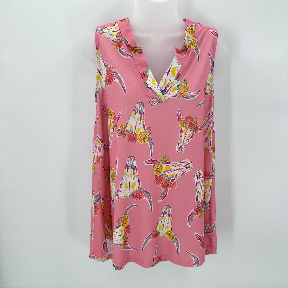 3/$15 SIMPLY SOUTHERN Top S Pink Cowskull Sleeveless Boho Lightweight-STAINS